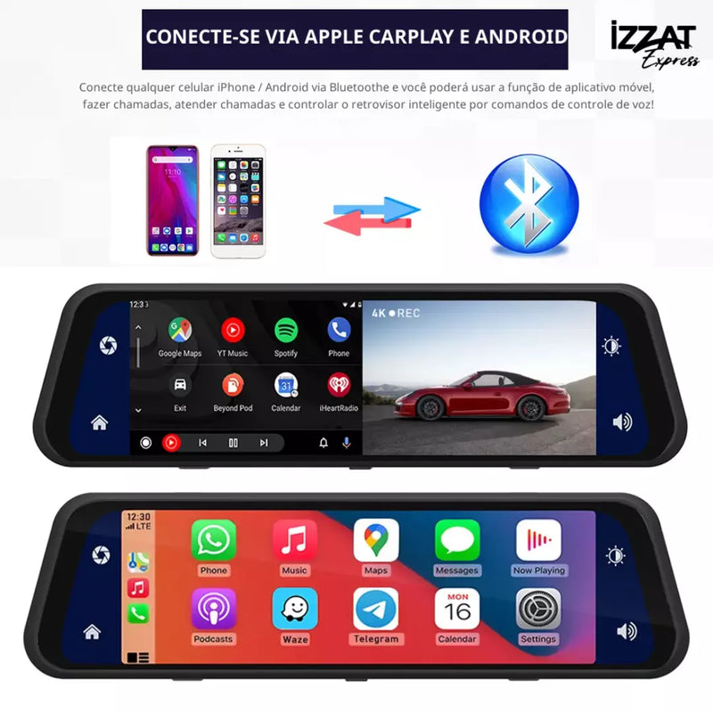 Retrovisor Inteligente 4K Tazzi c/ AndroidAUTO & Apple CarPlay + Brinde Câmera de Ré